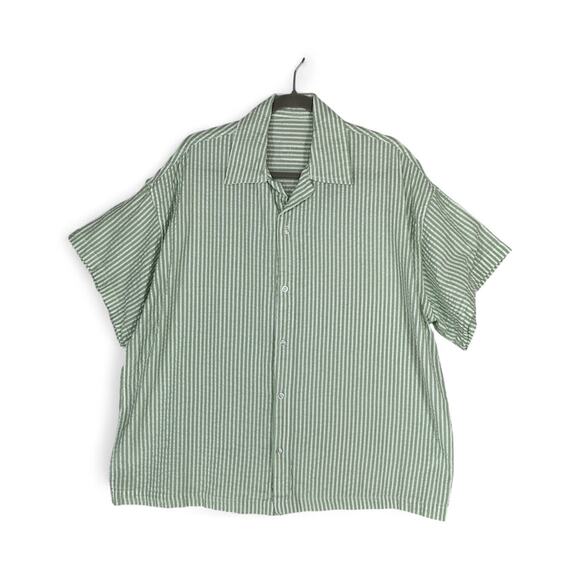 Daily Drills Women Seersucker Boxy Button Up Shirt XS Green White Stripe Coastal - Picture 1 of 11